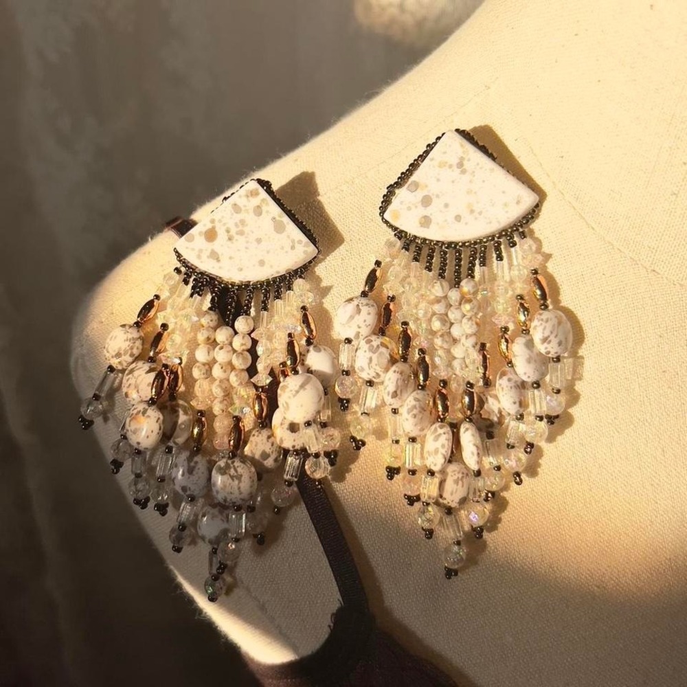 White & Cream Beaded Boho Earrings